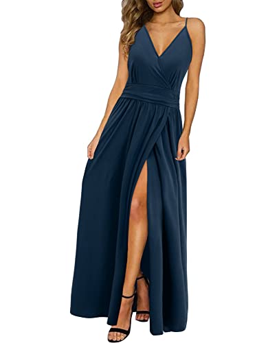 Newshows Sommerkleid Damen Lang Maxikleid Sommer V Ausschnitt Kleid Schlitz Freizeitkleid Elegant für Hochzeitsgast (Marine,Klein)