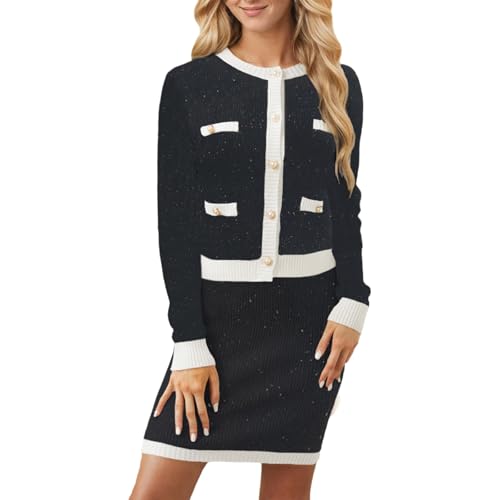 Generisch Hosenanzug Damen Festlich Hochzeit Elegant Winter Zweiteiler Damen Strick Rock und Pullover Strickanzug Damen Set mit Kleid Hausanzug Frauen Kuschelig mit Jacke Anzug 2 Teiler Curvy