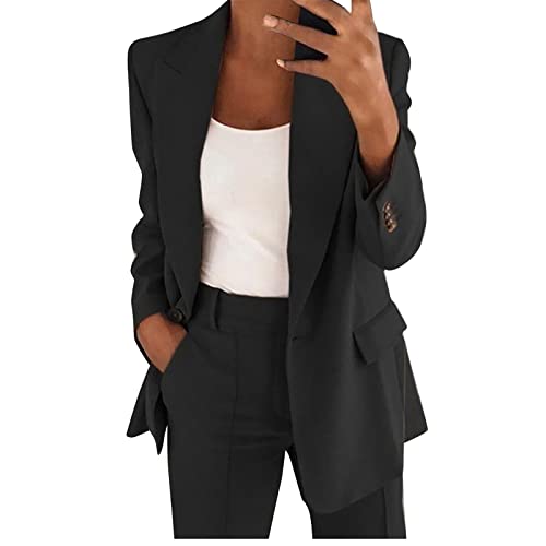 2-teiliges Damen-Blazer-Anzug-Set, 2-teilig, langärmelig, Jacke, lange Hose, einfarbig, zweiteilige Outfits, elegante Business-Arbeitskleidung, Übergröße, Blazer, Schwarz , L