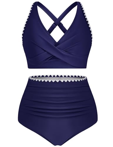 UMIPUBO Bikini Damen Set Push Up Hoher Taille Bauchweg V-Ausschnitt Große Größen Zweiteiler Bademode Colour Blocking Badebekleidung Badeanzüge Swimsuit(Marineblau,L)