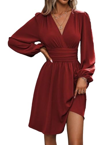 LIAMERHE Damen Elegant Kleid Langarm V-Ausschnitt Casual Kleider A-Linie Winterkleider Blumenmuster Minikleid Freizeitkleider Herbst Winter Laternenärmeln Kleid Partykleid Burgund M