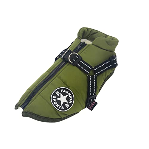 Ectkuee Hundejacke Winterweste Mit Geschirr, Wasserdichter Hundemantel für Kleine Hunde, Maschinen Waschbar, Reflektierender Streifen, Haltbarer D-Ring (Green-M)