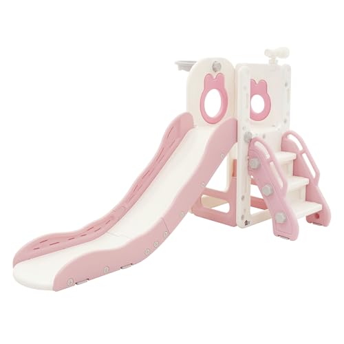 Joyz 3-in-1 Kinderrutsche Weiß-Rosa, Kunststoff, Spielturm Set Indoor & Outdoor, Kinder Spielzeug mit Rutsche und Basketballkorb, ab 3 Jahren, Babyrutsche Gartenrutsche Kleinkinderrutsche Rutschbahn