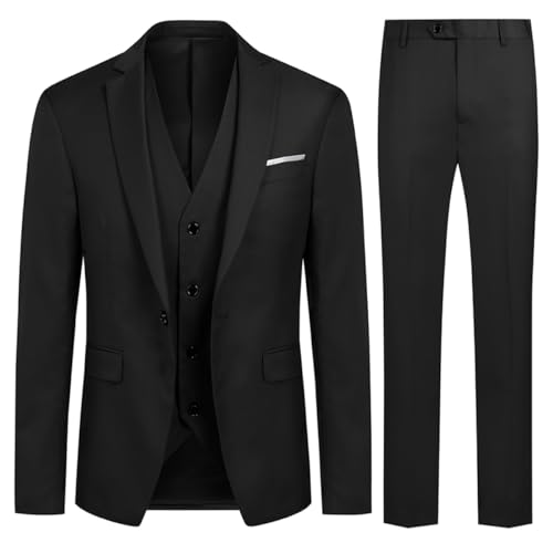 Allthemen Anzug Herren Slim Fit 3 Teilig Anzüge Modern Herrenanzug 3-Teilig Sakko Hose Weste für Business Hochzeit Schwarz L