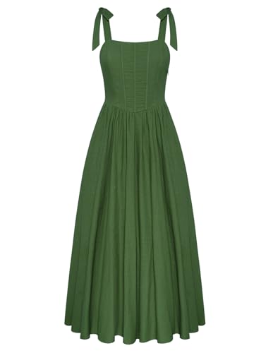 Damen Viktorianisches A-Linie Festlich Partykleid mit Schnürung Ärmellos Elegant Kleider Baumwolle Gesmokt Maxi Kleid Grün XL