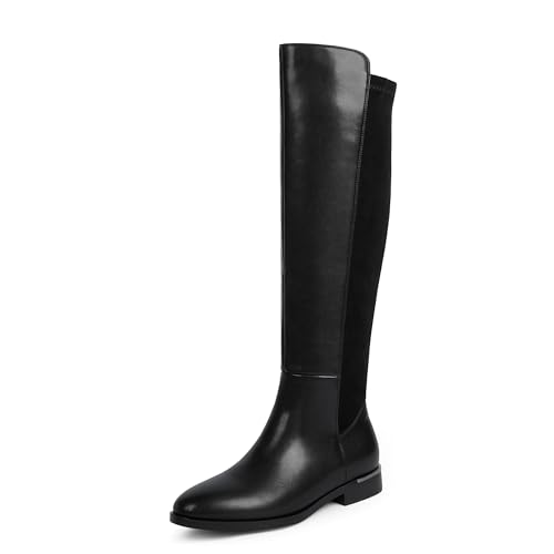 Modatope Kniehohe Stiefel für Damen, flach, abgerundete Zehen, dehnbar, seitlicher Reißverschluss, Kleid, A-Schwarz, 39 EU