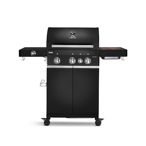 BURNHARD® Gasgrill 3-Brenner inkl. BACKBURNER, 900°C Infrarot-Keramikbrenner, Seitenkochfeld, Gusseisen-Grillrost, Grillabdeckung, Grillwagen, klappbare Seitentische, Schwarz – FRED Deluxe