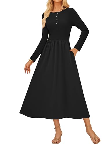 Kleid Damen Langarm Herbst A-Linien Rundhals Strickkleid Damen Lang mit Tasche Business Büro Festliche Kleider Schwarz S