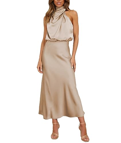 BDSCZW Damen Elegant Satin Kleid Ärmellos Hohe Taille Hochzeit Formal Hochzeitsgast Cocktailkleid Ballkleider Partykleid Midikleider(XS,S)