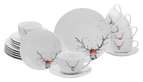 CreaTable, 13916, Serie Luna Hirsch, 18-teiliges Geschirrset für 6 Personen, Kaffeeservice aus Porzellan, spülmaschinen- und mikrowellengeeignet, Qualitätsproduktion