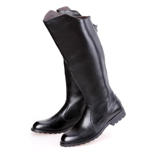 OPPOQ Kniehohe Lederstiefel für Herren, Reitstiefel, Bühnenaufführungsschuhe, weites Bein, mittlere Wade, Kopf, Langer, hoher Stiefel,Schwarz,43