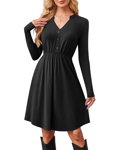 Florboom Damen Kleider Kerbe V-Ausschnitt Langarm Elegant Midikleid Knielang A-Linie Kleid (Schwarz, S)