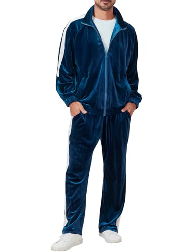 Ragelion Herren-Trainingsanzug, 2-teilig, Velours-Sweatanzug für Herren, lässig, durchgehender Reißverschluss, Jogginganzug, Jacke, Hose, Marineblau, Medium