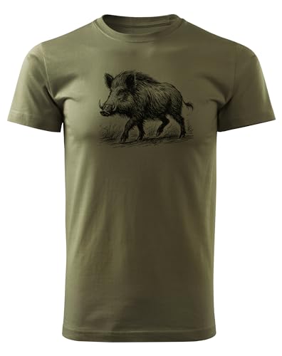 HUNT-G61 - T-Shirt für Jäger - Tshirt Herren - aus Baumwolle, Bequeme Passform - Jagd Geschenke, Geschenk für Jäger, Förster - Grün, mit Motiv Wildschwein - XL