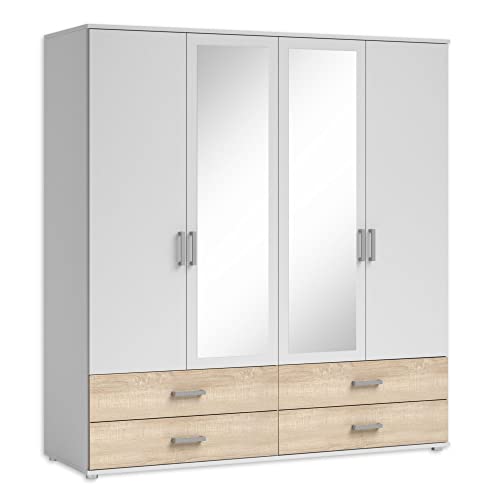 IVAR Kleiderschrank mit Spiegeln und Schubladen - Vielseitiger Drehtürenschrank 4-türig in Weiß, Eiche Sonoma Optik - 180 x 190 x 51 cm (B/H/T)