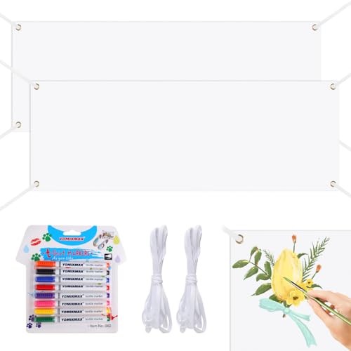 2 Set Groß Leeres Banner Selbst Gestalten, Blanko Lang Banner Personalisiert 180×60cm mit 2Pcs 6m Hängendem Seil und 8 Textilstifte in Verschiedenen Farben, Werbebanner zum Bemalen für Partyfeiern