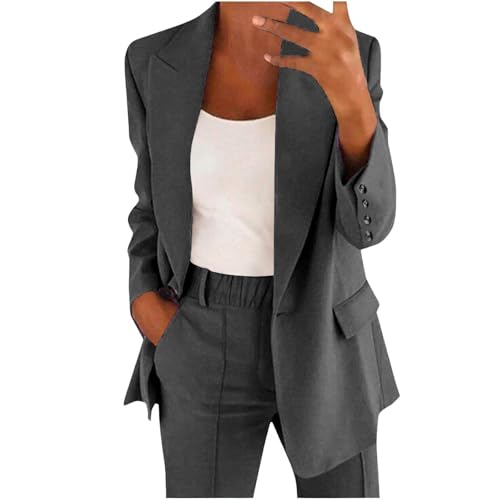 EMATOP Zweiteiler Hosenanzug Damen Elegant Blazer Hose Outfit Casual Business Anzug Casual Sportlich Tracksuit 2-Teilig Revers Longblazer Lang Hose Freizeitanzug Einfarbig Baumwolle Workout Set