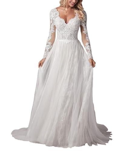 JAEDEN Boho Brautkleider V-Ausschnitt Hochzeitskleid Spitze Tüll Standesamtkleid A-Linie Langarm Brautmode Weiß 48