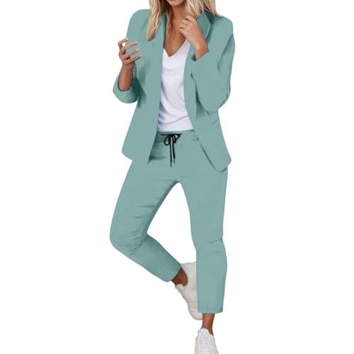 Damen Anzug Elegant 2 Teilig Hosenanzug Langarm Business Anzug Set Zweiteiler Einfarbig Blazer Hose Slimfit Festlich Damenanzug Lange Hosenanzüge Business Mode Mantel (Green, XL)