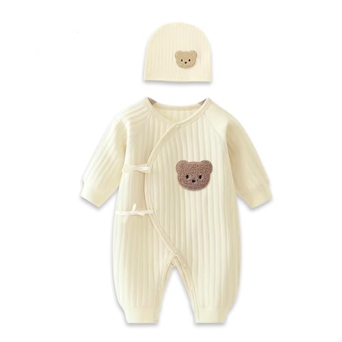 1 Pack Baby Bodysuit, 1-3 Months Neugeborenes Baby warme Baumwolle Bodysuit mit Hut, 100% Baumwolle Kleinkind Homewear verdickt Frühling und Herbst Kleidung (Beige, 1-3 Months)