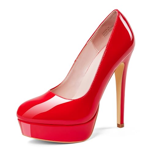 GENSHUO Plateau Pumps Damen Geschlossene 5.5 Zoll/14cm Stilettos High Heels Lack Plateau Prom Party Frauen High Heels Schuhe Rot Größe 40 EU