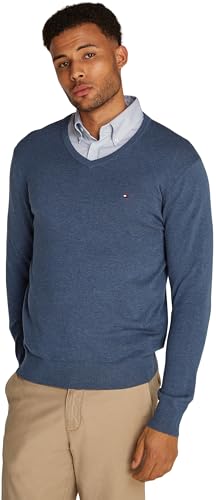 Tommy Hilfiger Herren Pullover Essential Cotton V-Ausschnitt, Blau (Aegean Sea Heather), XL