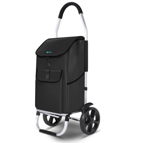 VOUNOT® Einkaufstrolley Klappbar aus Aluminium mit 58L Wasserdichter Tasche, 2 Extra große Räder mit Schutzblech, Faltbarer Einkaufswagen, Treppensteiger Trolley, Schwarz