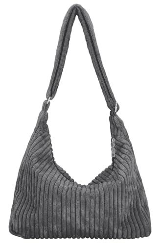 Ulisty Damen Latschig Cord Hobo Tasche Verstellbarer Riemen Schultertasche Umhängetasche Lässig Tragetasche Handtasche grau