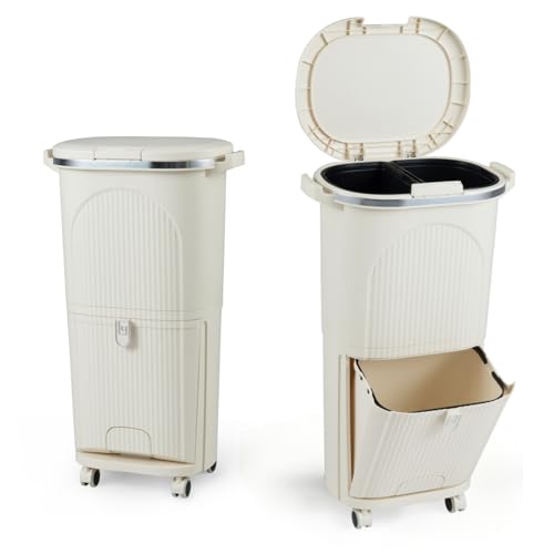 LIFEZEAL 38L / 42L Mülleimer auf Rädern, Abfalleimer mit 3 Fächern & Deckel, Tretmülleimer mit Griff, Küchenmülleimer Abfallbehälter für Küche, Wohnzimmer & Büro (38L,Beige)