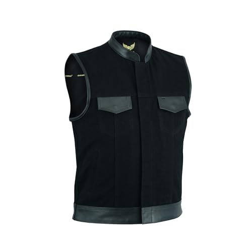 Leatherick Herren Anarchy Club Leder Trim Denim motorradfahrer Weste mit tief taschen schwarz - XL