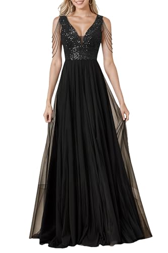 HOMEYEE Damen Vintage Pailletten Mesh Glitzer V-Ausschnitt Party Ballkleid Sexy Rückenfrei Abendkleider A-Linie Hochzeitskleid A488 (L, Schwarz)