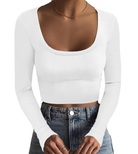 DUOEASE Langarmshirt Damen Slim Fit Crop Tops Damen Sexy U Ausschnitt Elegante Oberteile Weiß-S