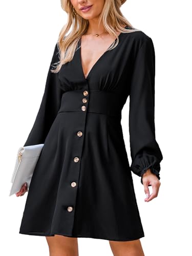 CUPSHE Damen Kleid V-Ausschnitt Knopfleiste Freizeitkleid Lange Puffärmel A-Linie Herbst Winter Elegante Minikleid