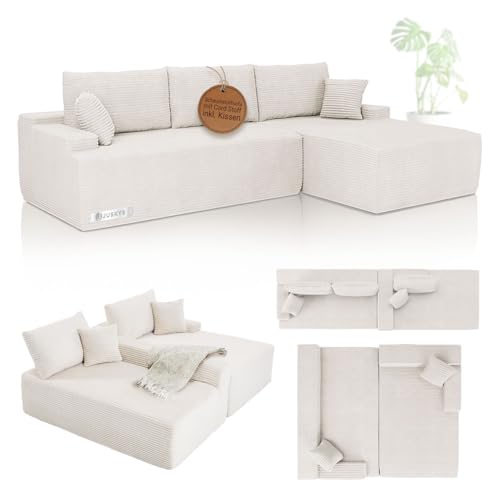 Juskys Sofa Coredo - modernes Cord Sofa mit Ottomane rechts, gemütliche Couch mit Schaumstoffpolsterung, Cordbezug & Kissen, modular - Creme