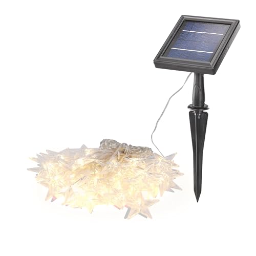 Esotec Solar Deko Lichterkette Sternchen, 9m, 30 LED Sterne warmweiß, Zuleitung 2m, LiFePo4 Akku, Solarmodul, Erdspieß, Wandhalterung, Winterdeko, Weihnachtsbeleuchtung, außen, wetterfest, 102578