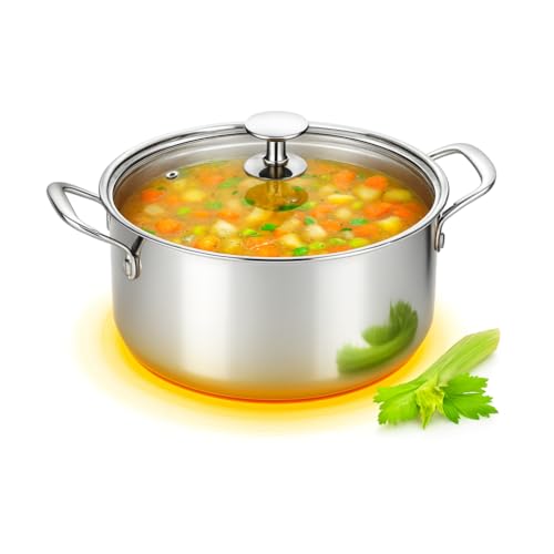 MORLEOS Suppentopf mit modernem, flachem Glasdeckel, 3 Liter Edelstahltopf Ø 20x10 cm - Induktion spülmaschinenfest - 5-Schicht - energiesparender kleiner Topf