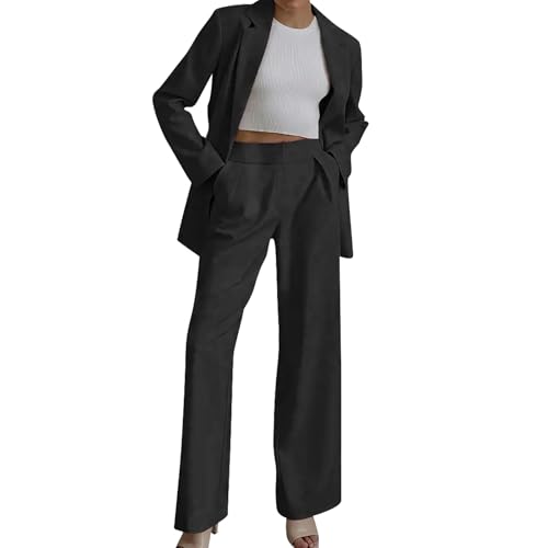 Blazer für Damen,Hosenanzüge für Damen Festlich Elegant Blazer Streetwear Zweiteiler Hosenanzug Business Modern Anzug Set Revers Slim Fit Sportlich Outfit 2 teiler Sommer Freizeitanzug,Schwarz XXL