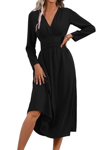 LIAMERHE Damen Langarm V-Ausschnitt Winterkleid Elegant Lang Kleider Herbst Freizeitkleider Plissee Hohe Taille Lässiges Kleid Boho Stil A-Linie Strandkleid Frühling Schwarz M