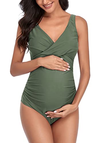 SUMMERSUNSHINE Umstands-Badeanzug, Einteiler, Bademode, vorne gekreuzt, Schwangerschaft, Badeanzug, Umstands-Bikini, Grün (Army Green), L