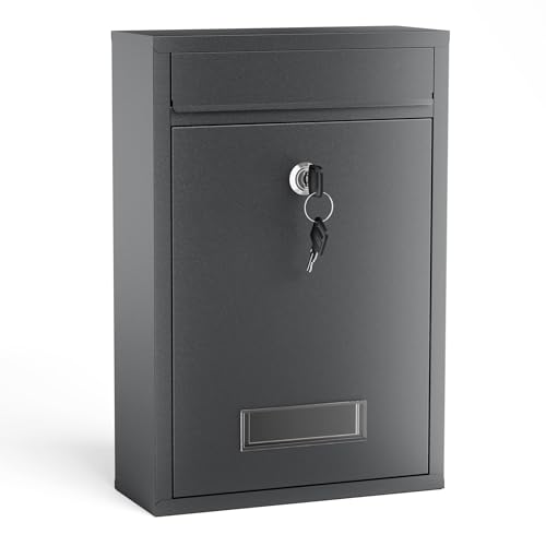 Wiltec Briefkasten anthrazit V2 Postkasten mit Namensschild, großem Briefschlitz und 2 Schlüsseln Wandbriefkasten aus pulverbeschichtetem Stahl