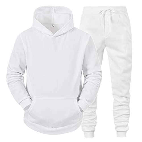 Generisch Jogginganzug Herren Tracksuit Langarm Hooded Sweatshirt Jogginghose Einfarbig Baumwolle 2 Teiliges Sets Trainingsanzug Männer Hoodie Sportanzug Jogging Anzug Set Weiß 5XL