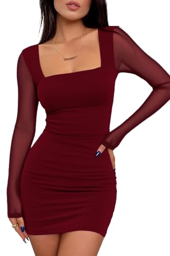 ELFIN Damen Bodycon Kleid Mesh Langarm Minikleid Sexy Quadratischer Hals Rüschen Partykleid Bleistiftkleid Mini Tube Cocktail Party Club Kleid (S, Weinrot)