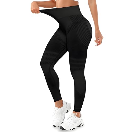 Anti Cellulite Leggings, Sportleggins Damen Lang Kompressions Leggings Po Push Up, Boom Booty High Waist Blickdicht Yoga Pilates Sporthose (DE/NL/SE/PL, Alphanumerisch, L, Regular, Regular, Schwarz)