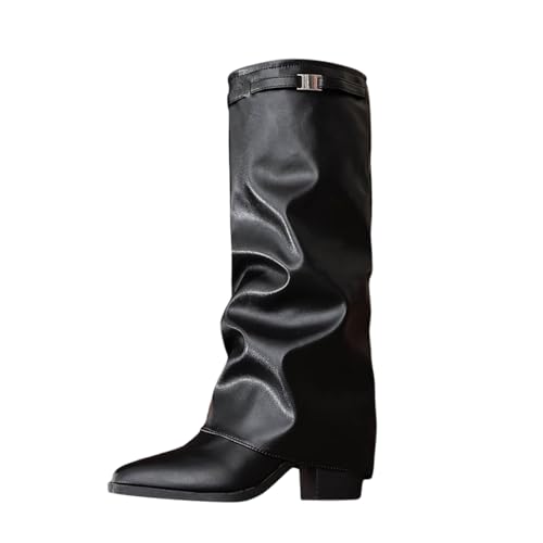 Generisch Damen Stiefel Schwarz Stiefel Damen,Absatz Kniehoch Elegant Weiter Schaft Winter Overknees Leder Warm Stiefeletten Reitstiefel Komfort Langschaft Chunky Fold Over Shark Boots Schwarz 41