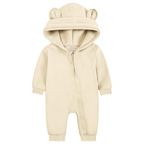 ABOHU Neugeborenes Baby Jungen Mädchen Strampler, Lange Ärmel Overall mit Bär Ohr und Kapuze, Säuglings Frühling Herbst Body, Reißverschluss Bodysuit Baby Schlafanzug Einteilige 0-6 Monate