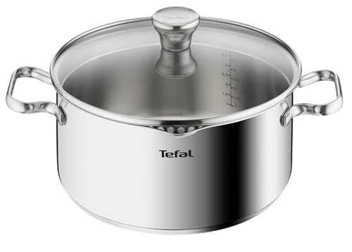 Tefal A70546 Duetto Kochtopf | 24 cm | induktionsgeeignet | einfache Reinigung in der Spülmaschine | Messskala | Glasdeckel zum Abgießen | Edelstahl