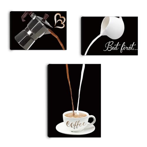 HPNIUB 3-teiliges Wandbild Set 'Kaffee' auf Holzrahmen, Kunstdruck auf Leinwand, für Küche und Wohnzimmer