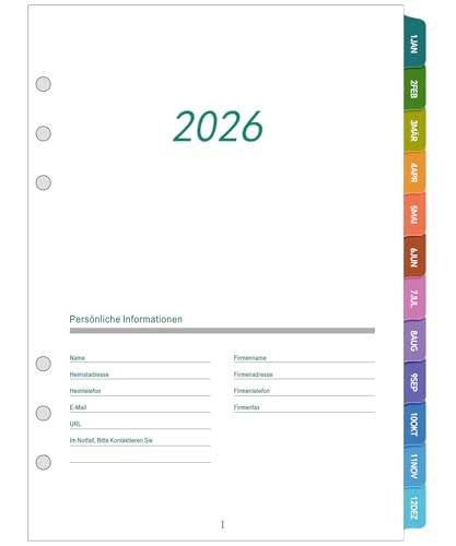 2026 Wochenplaner Einlagen A5 6 Löcher, Deutsch, 1 Woche auf 2 Seiten, mit farbigen Tabs, Januar–Dezember 2026, 100 g/m² dickes Papier, Kalendereinlagen für A5 Ringbuch Planer
