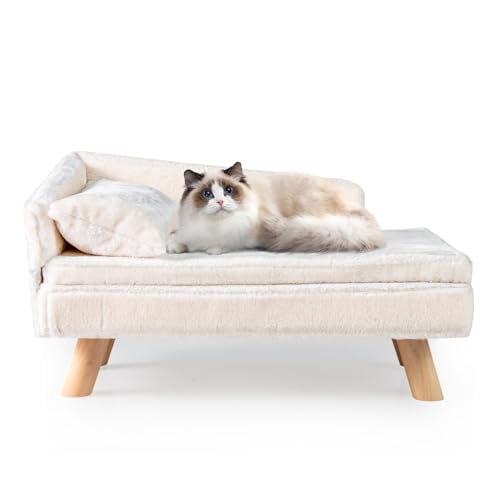 COSTWAY Katzensofa Luxus, Katzenbett erhöht, Katzencouch mit 2 abnehmbaren Kissens, Rückenlehne & Holzbeinen, Katzensessel Haustiersofa Weich, für mittelgroße & kleine Katzen, Hundesofa Indoor, Weiß