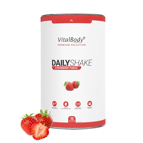 VitalBody+ DailyShake, Strawberry Punch, 450 g, Mahlzeitenersatz-Shake zum Abnehmen, 15 Mahlzeiten, nur 250 kcal pro Shake, vollwertig & kalorienarm ersetzen